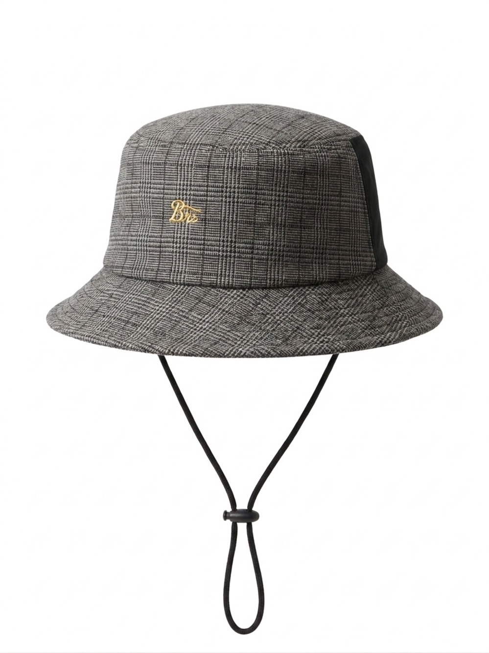 Brixton Gray Plaid Bucket Hat with Chin Strap and Gold Logo